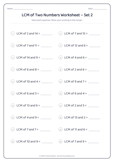 lcm of two numbers maths worksheet