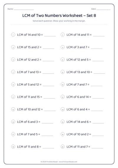 lcm of two numbers maths worksheet