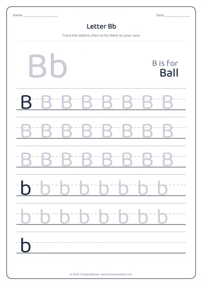 letter B tracing worksheet with capital and small letters