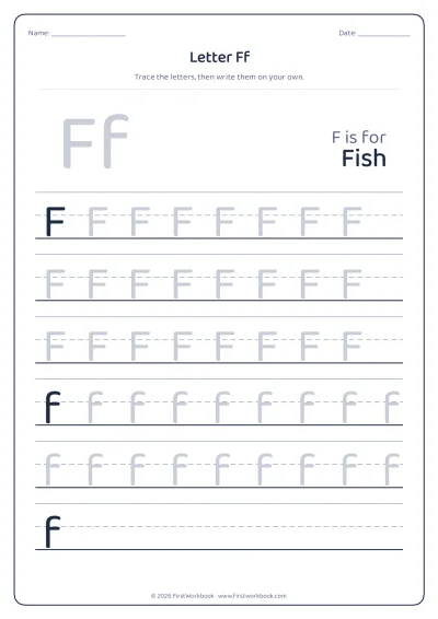 letter F tracing worksheet with capital and small letters
