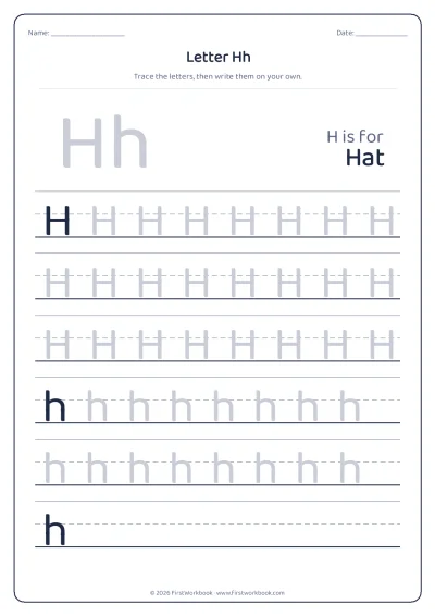 letter H tracing worksheet with capital and small letters