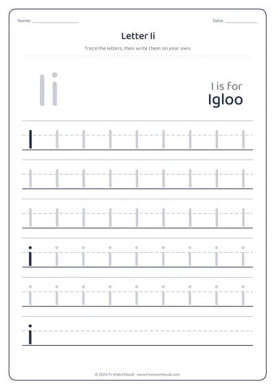 letter I tracing worksheet with capital and small letters