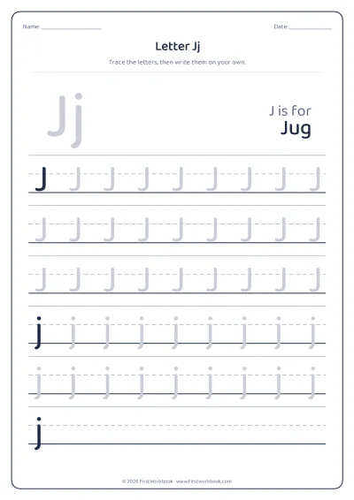 letter J tracing worksheet with capital and small letters