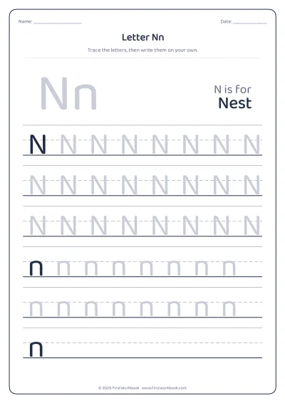 letter N tracing worksheet with capital and small letters