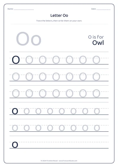 letter O tracing worksheet with capital and small letters