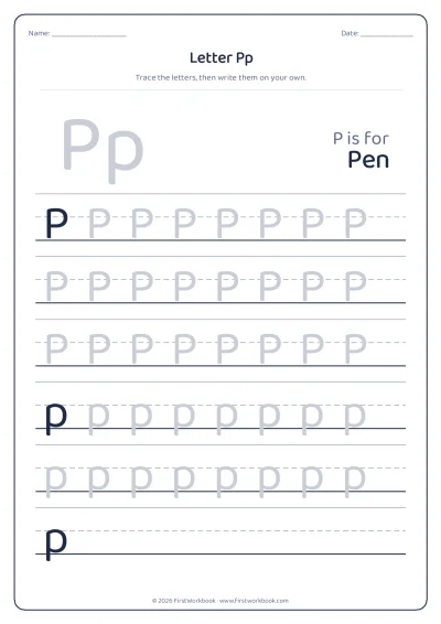 letter P tracing worksheet with capital and small letters