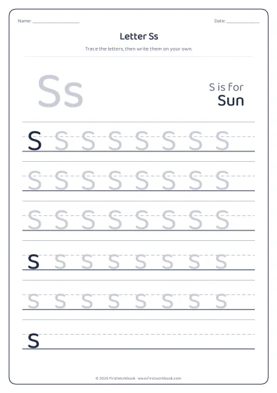 letter S tracing worksheet with capital and small letters