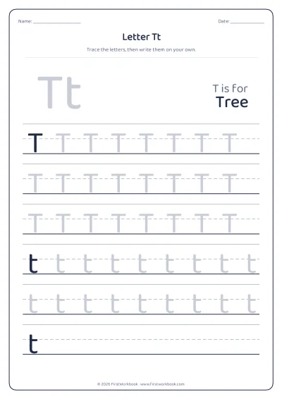 letter T tracing worksheet with capital and small letters