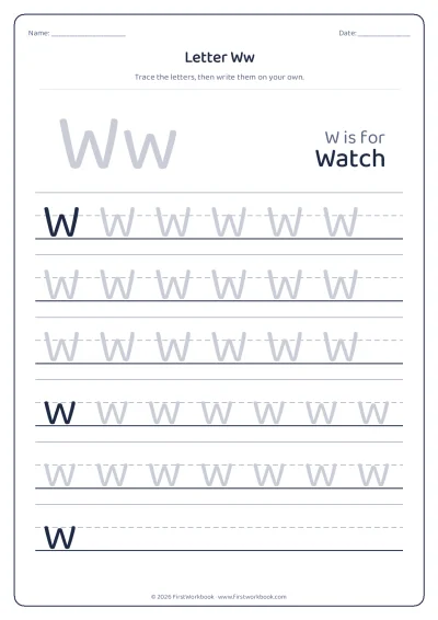 letter W tracing worksheet with capital and small letters