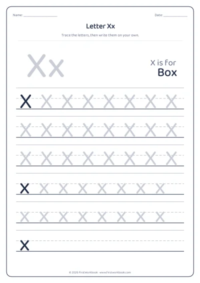 letter X tracing worksheet with capital and small letters