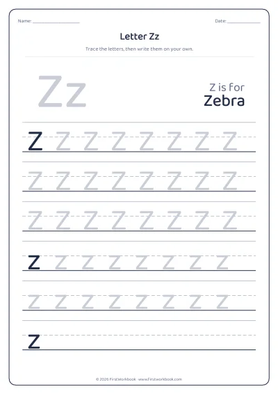 letter Z tracing worksheet with capital and small letters