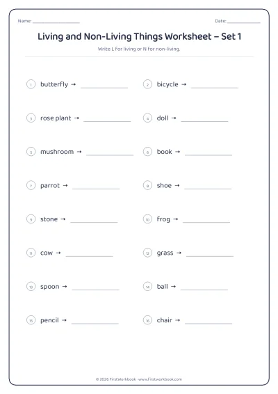 living and non-living things science worksheet for kids