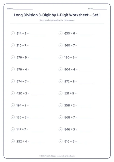 Long Division 3-Digit by 1-Digit practice worksheet with 20 sums and writing lines