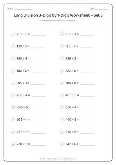 Long Division 3-Digit by 1-Digit practice worksheet with 20 sums and writing lines
