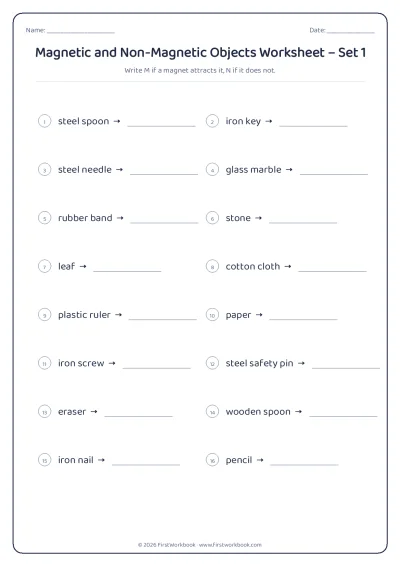 magnetic and non-magnetic objects science worksheet for kids