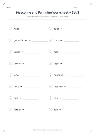 masculine and feminine English grammar worksheet
