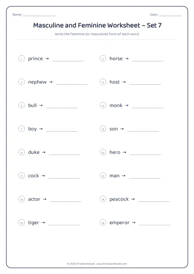 masculine and feminine English grammar worksheet