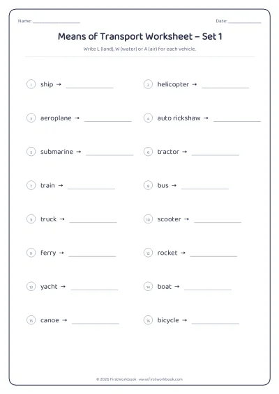 means of transport GK worksheet for kids