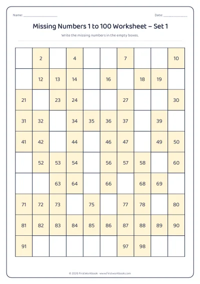 missing numbers chart from 1 to 100
