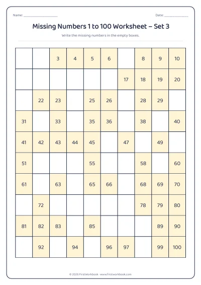 missing numbers chart from 1 to 100