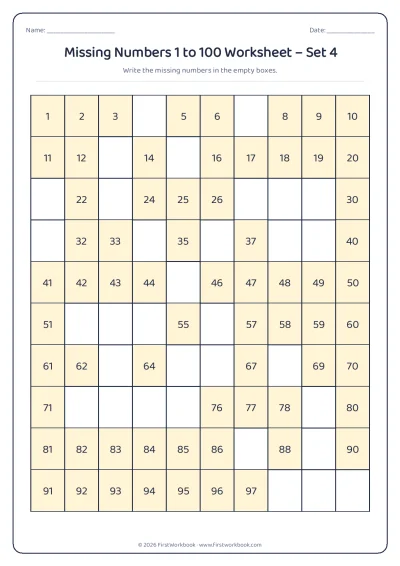 missing numbers chart from 1 to 100