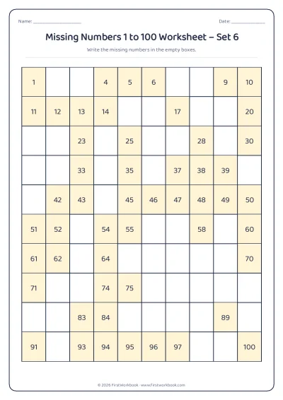 missing numbers chart from 1 to 100