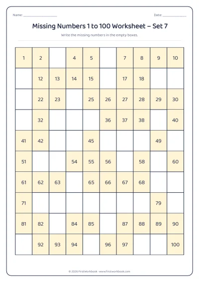 missing numbers chart from 1 to 100