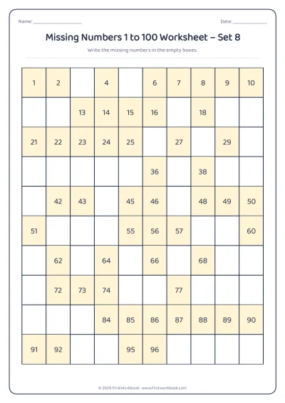 missing numbers chart from 1 to 100