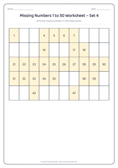 missing numbers chart from 1 to 50