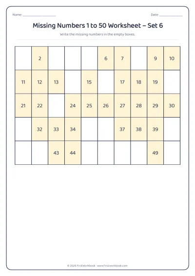 missing numbers chart from 1 to 50