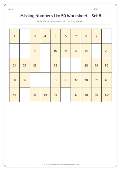 missing numbers chart from 1 to 50
