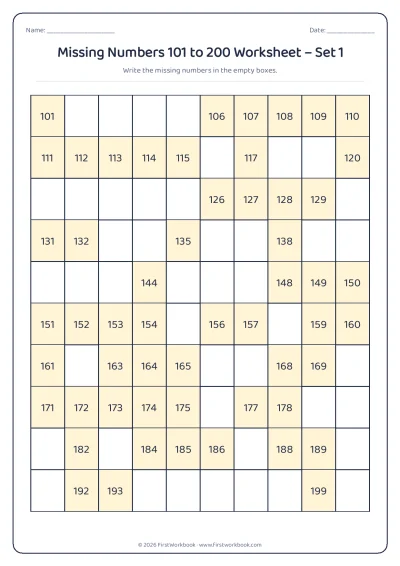 missing numbers chart from 101 to 200