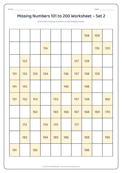 missing numbers chart from 101 to 200