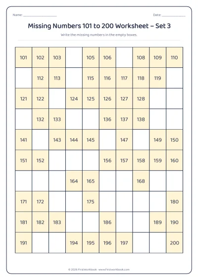 missing numbers chart from 101 to 200