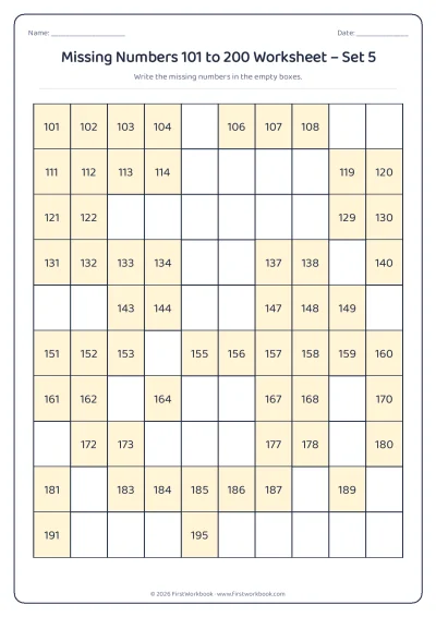 missing numbers chart from 101 to 200