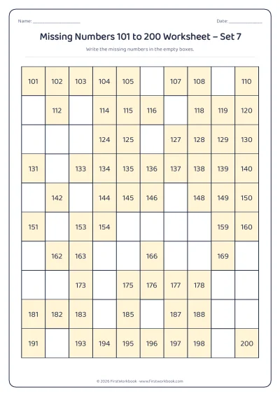 missing numbers chart from 101 to 200