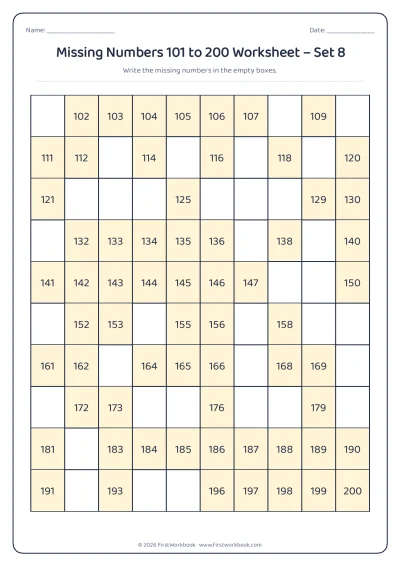 missing numbers chart from 101 to 200