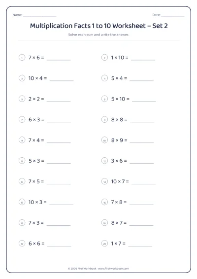 Multiplication Facts 1 to 10 practice worksheet with 20 sums and writing lines