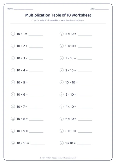 multiplication table of 10 worksheet with blanks to fill