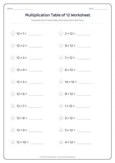multiplication table of 12 worksheet with blanks to fill