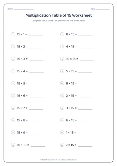 multiplication table of 15 worksheet with blanks to fill