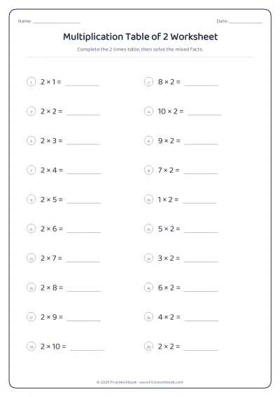 multiplication table of 2 worksheet with blanks to fill