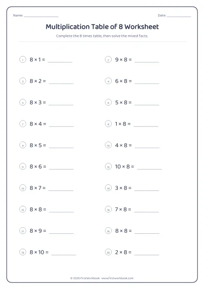 multiplication table of 8 worksheet with blanks to fill
