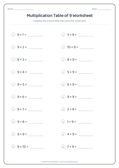multiplication table of 9 worksheet with blanks to fill