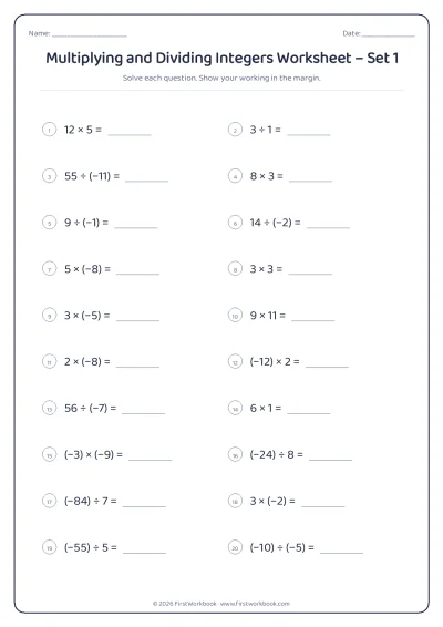 multiplying and dividing integers maths worksheet