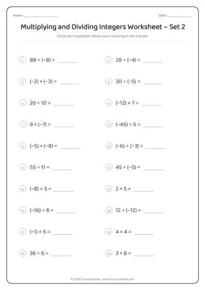multiplying and dividing integers maths worksheet