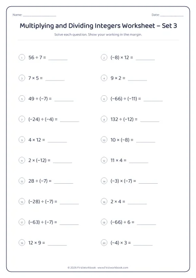 multiplying and dividing integers maths worksheet