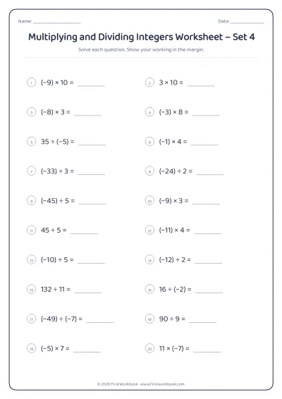 multiplying and dividing integers maths worksheet