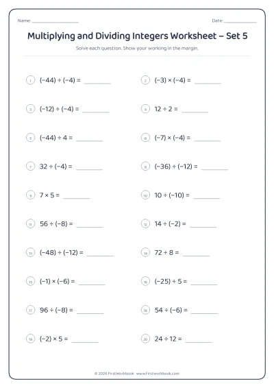 multiplying and dividing integers maths worksheet