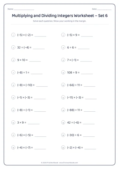 multiplying and dividing integers maths worksheet